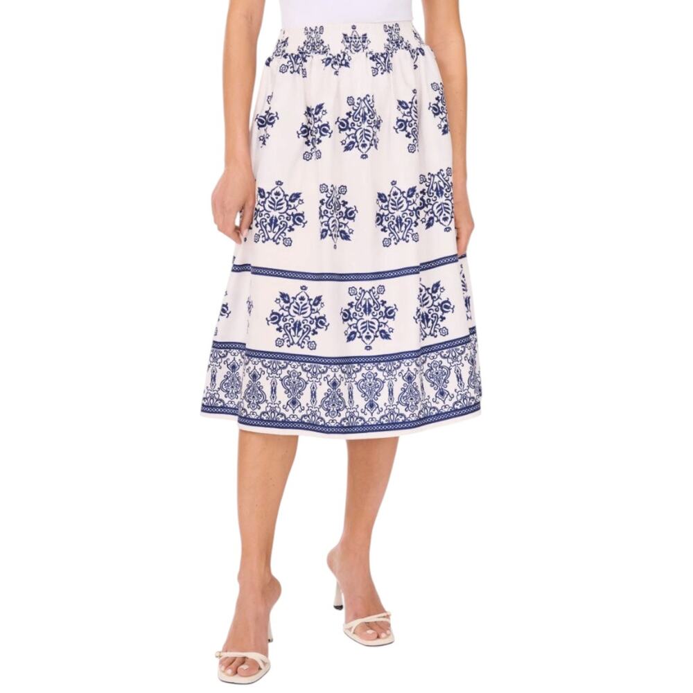 CeCe White Midi Skirt with Navy Border Floral Print